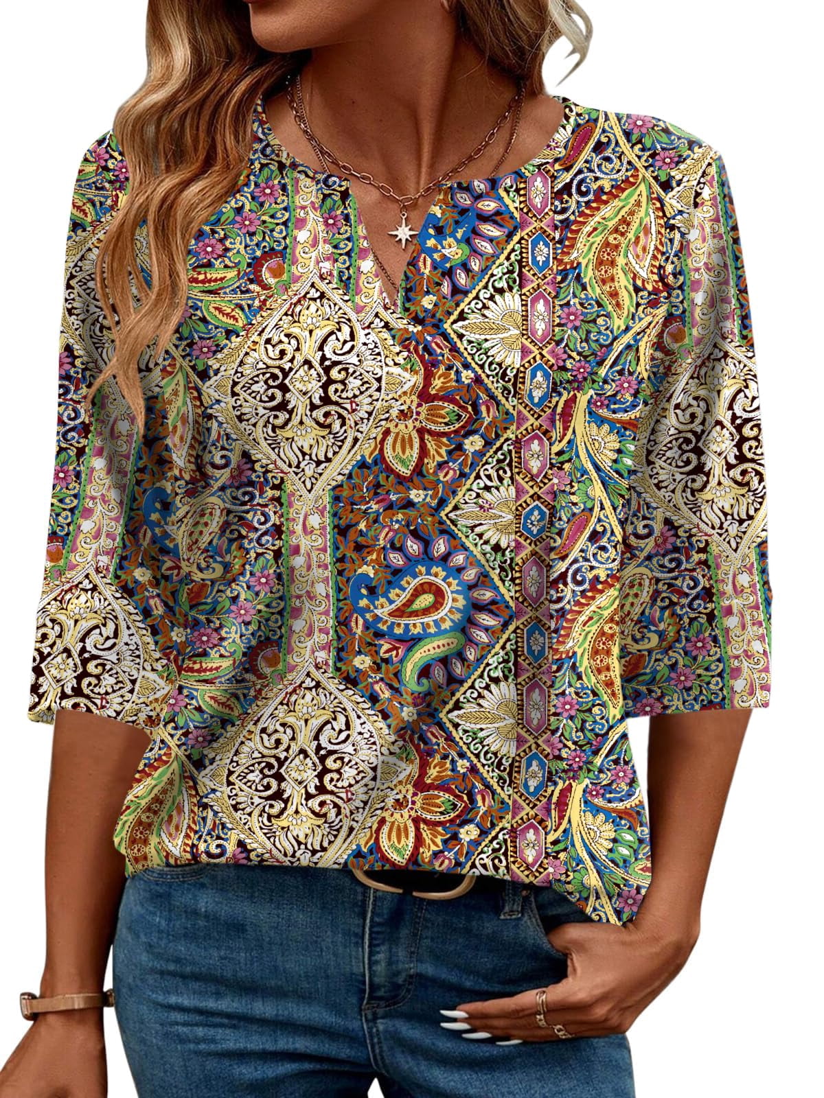 TEMOFON Women's Boho Print 3/4 Sleeve Tops V Neck Tunic Blouses Dressy ...