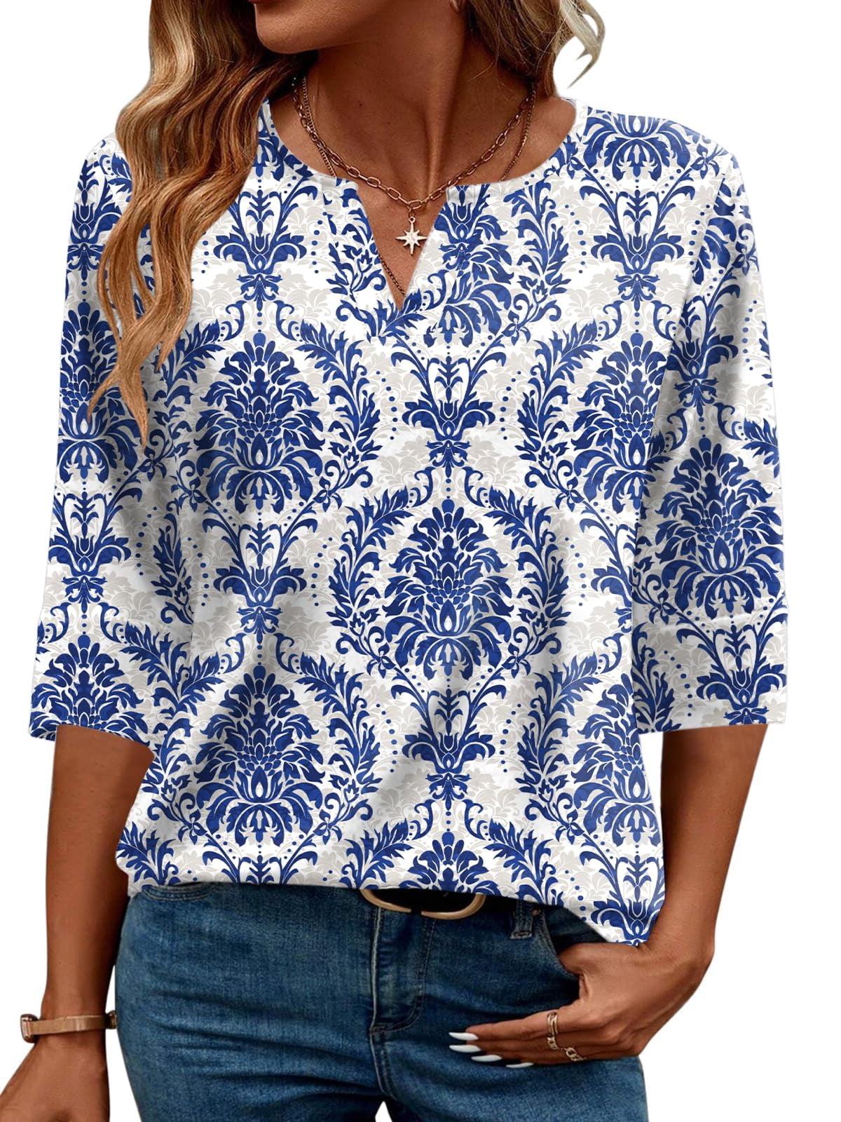 TEMOFON Women's Boho Print 3/4 Sleeve Tops V Neck Tunic Blouses Dressy ...