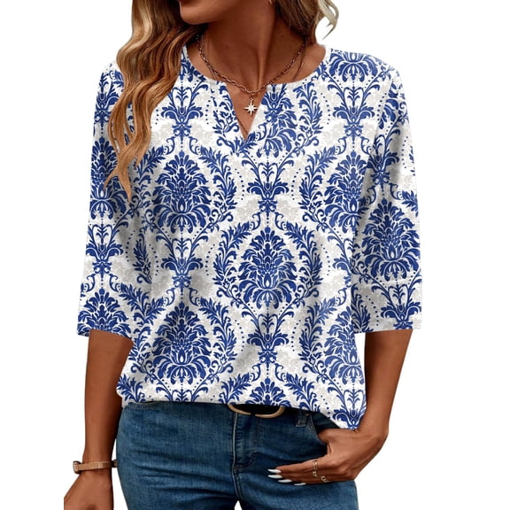 TEMOFON Women's Boho Print 3/4 Sleeve Tops V Neck Tunic Blouses Dressy Casual Shirts Summer Lightweight Floral Paisley Pattern Tee