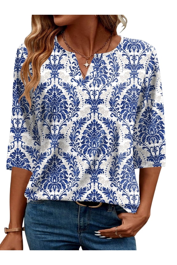 Women's Boho Print 3/4 Sleeve Tops V Neck Tunic Blouses Dressy Casual Shirts Summer Lightweight Floral Paisley Pattern Tee