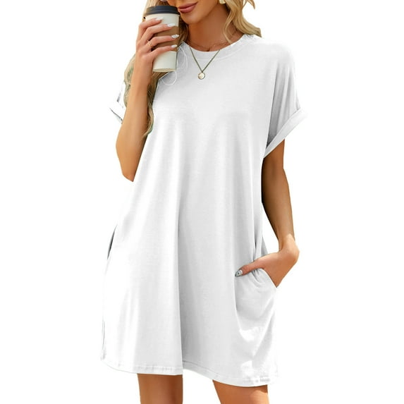 TEMOFON Women's Casual Summer Short Sleeve T Shirt Dress Nightgown Crew Neck Loose Basic Womens Clothes Dresses with Pockets Swing Dressy Solid Color White Plus Size 3XL