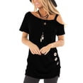 thumbnail image 1 of TEMOFON Women's Cold Shoulder Tops Short Sleeve Summer Casual T Shirts Loose Tunic Top with Side Button Black, 1 of 5