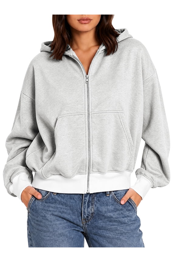 Women's Color Block Cropped Zip Up Hoodie Oversized Long Sleeve Full Zip Hooded Sweatshirt Jacket with Kangaroo Pocket