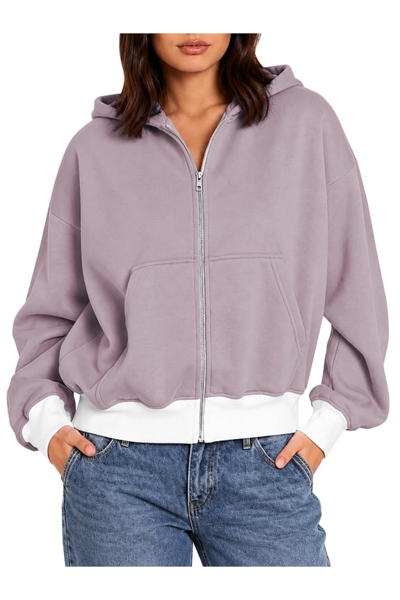 Women's Color Block Cropped Zip Up Hoodie Oversized Long Sleeve Full Zip Hooded Sweatshirt Jacket with Kangaroo Pocket
