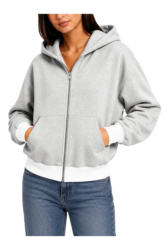 Women's Color Block Cropped Zip Up Hoodie Oversized Long Sleeve Full Zip Hooded Sweatshirt Jacket with Kangaroo Pocket