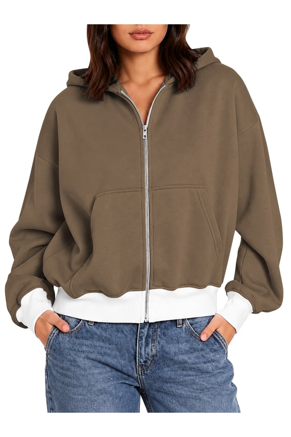 Women's Color Block Cropped Zip Up Hoodie Oversized Long Sleeve Full Zip Hooded Sweatshirt Jacket with Kangaroo Pocket