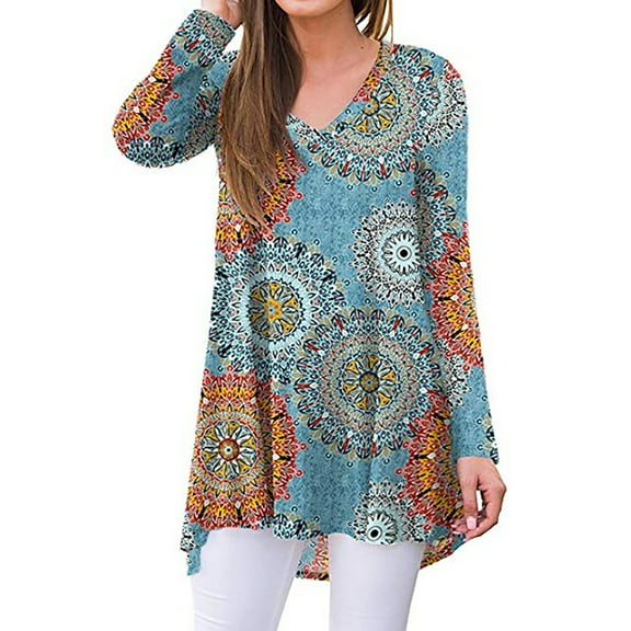 TEMOFON Women's Fall Long Sleeve V-Neck Tunic Tops for Leggings Casual Blouse Floral T-Shirt Blue