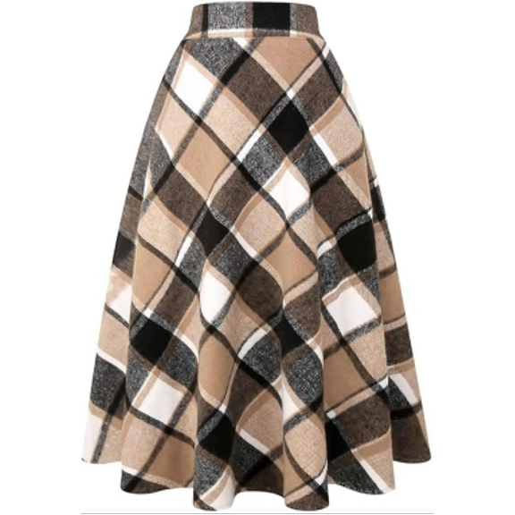 TEMOFON Women's Fall Winter Plaid Midi Skirt High Waisted A-Line Warm Flannel Maxi Skirts Casual Vintage Tartan Swing Skirt with Pockets