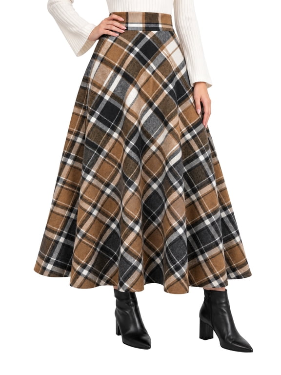 Women's Fall Winter Plaid Midi Skirt High Waisted A-Line Warm Flannel Maxi Skirts Casual Vintage Tartan Swing Skirt with Pockets
