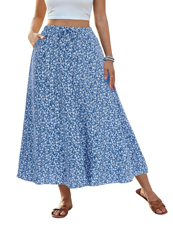 Womens Floral Maxi Skirt Elastic Waist Casual A-Line Long Skirt Summer Boho Flowy Beach Vacation Skirt with Pockets