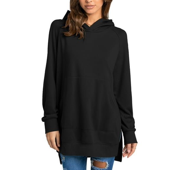 TEMOFON Women's Hoodie Casual Solid Sweatshirts Long Sleeve Pullover Tops with Kangaroo Pockets Black Spring Trendy Shirts