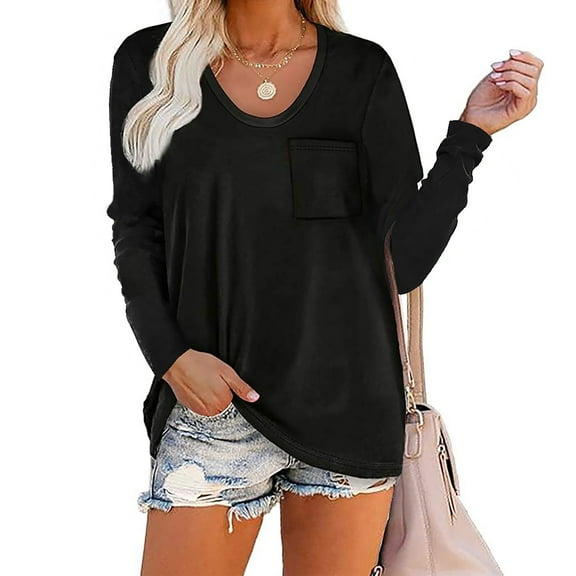 TEMOFON Women's Long Sleeve Crewneck Shirts Black Loose Casual Tee T-Shirt Tops With Pocket Womens Fall Fashion 2024