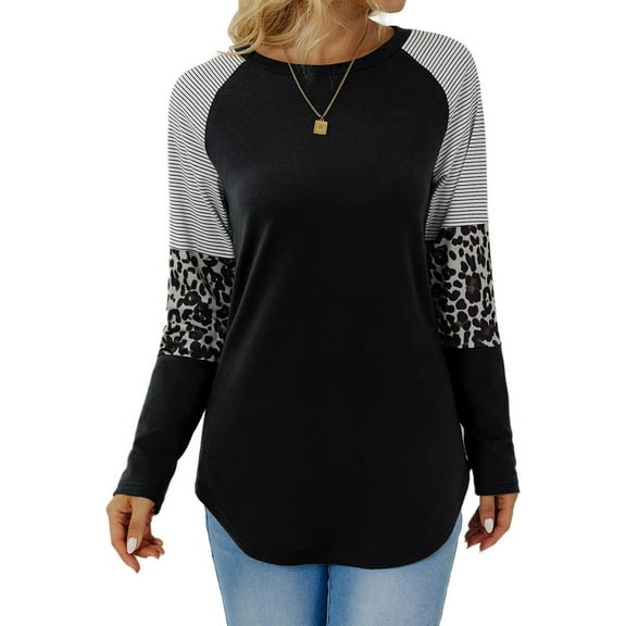 TEMOFON Long Sleeve Tops for Women Casual Fall T Shirts Crew Neck Loose Tunic Tops Color Block Stripe Leopard Print Sweatshirts Black