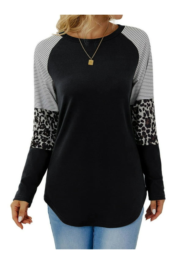 Long Sleeve Tops for Women Casual Fall T Shirts Crew Neck Loose Tunic Tops Color Block Stripe Leopard Print Sweatshirts Black