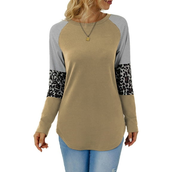 TEMOFON Long Sleeve Shirts for Women Fall Loose Fit Tops Leopard Print Color Block Crew Neck Sweatshirts Tunic Lady Tops