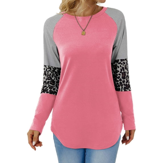 TEMOFON Women Long Sleeve Shirts Fall Round Neck Sweatshirts Trendy Striped Color Block Pink Cute Tunic Tops Loose Fit Blouses for Women