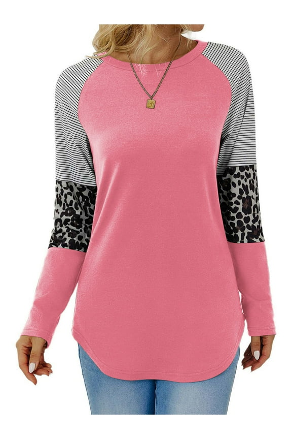 Women Long Sleeve Shirts Fall Round Neck Sweatshirts Trendy Striped Color Block Pink Cute Tunic Tops Loose Fit Blouses for Women