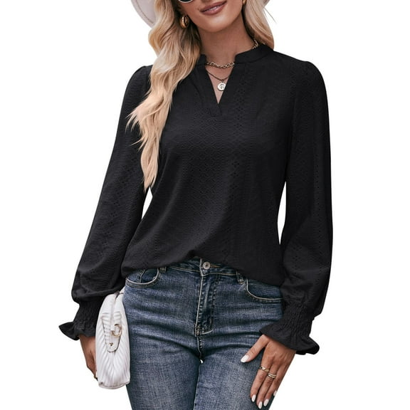 TEMOFON Blouses for Womens Fall Tops Casual V Neck Shirts Long Puff Sleeve Tunic Tops Loose Fit T Shirts Dressy Shirts Trendy Solid Color Black Plus Size XXL