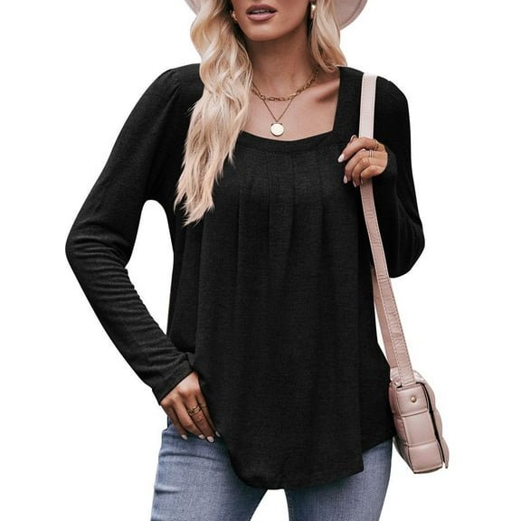 TEMOFON Womens Tops Fall Blouses Long Sleeve Tunic Square Neck Long Sleeve Shirts Lightweight Sweaters Pleated Casual Loose Fit Dressy Solid Color Black Size XL