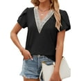thumbnail image 1 of TEMOFON Women's Petal Sleeve Tops Color Block Summer Casual Tshirts Loose Fit Shirts Fashion Lace V Neck Black Tees Size XL, 1 of 4