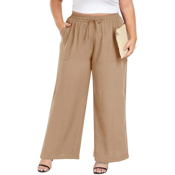 TEMOFON Women's Plus Size Pants High Waist Adjustable Knot Lounge Pants Straight Long Trousers with Pockets