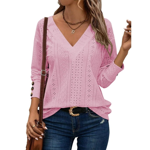 TEMOFON Eyelet Tops for Women Casual V Neck Long Sleeve Buttons Hollow Out Lace Embroidered Pink Blouses Shirts
