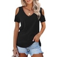 thumbnail image 1 of TEMOFON Women's Shirts Cold Shoulder Tops Summer Short Sleeve V Neck T Shirt Basic Black Tee Blouse Size L, 1 of 7