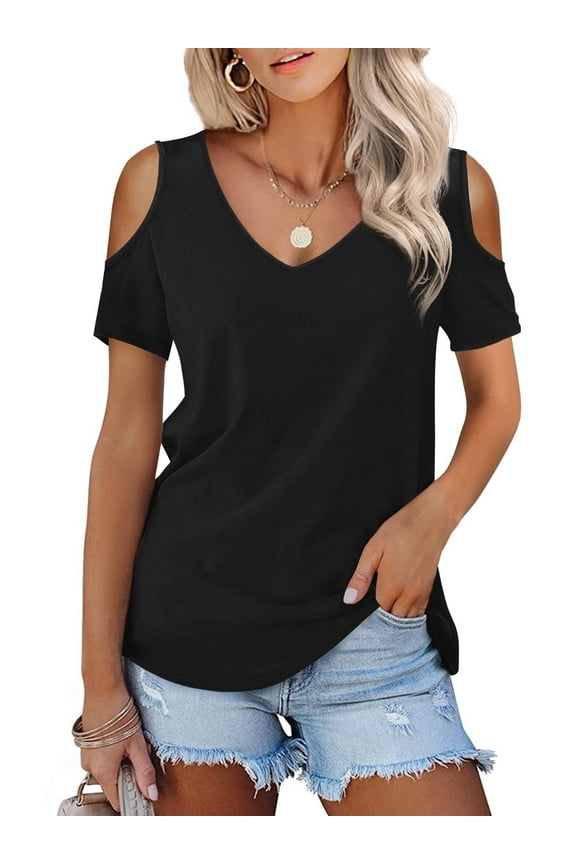 Women's Shirts Cold Shoulder Tops Summer Short Sleeve V Neck T Shirt Basic Black Tee Blouse Size XXL