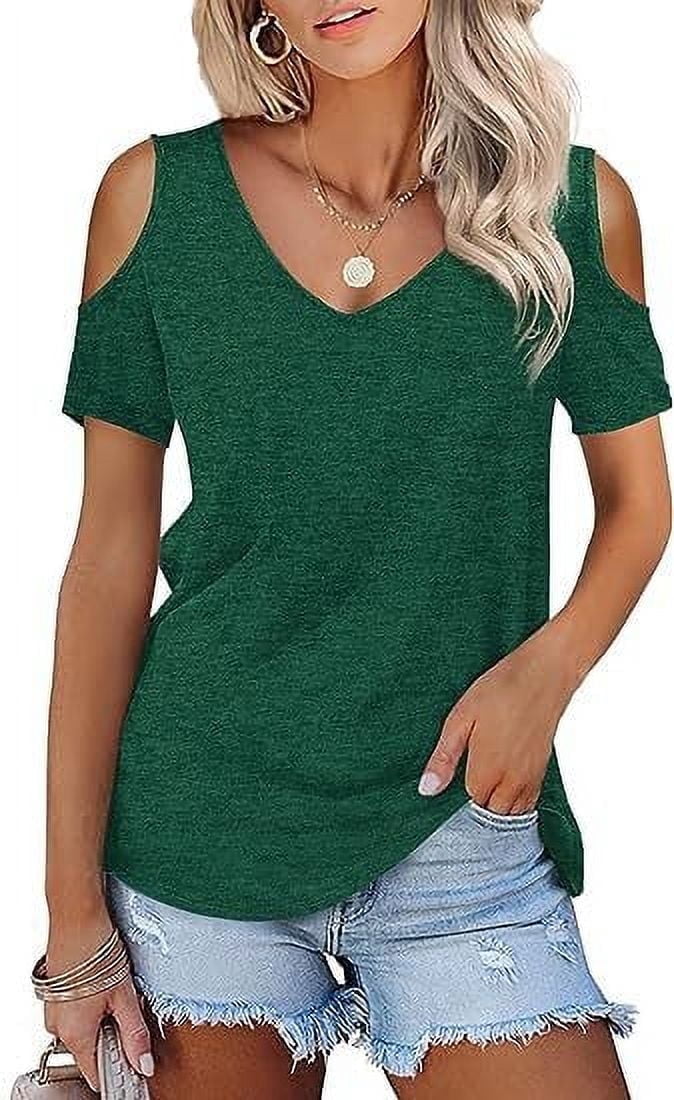 TEMOFON Women's Shirts Cold Shoulder Tops Summer Short Sleeve V Neck T ...