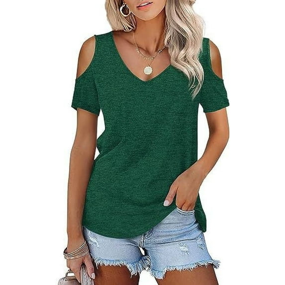 TEMOFON Women's Shirts Cold Shoulder Tops Summer Short Sleeve V Neck T Shirt Basic Darkgreen Tee Blouse Size XXL