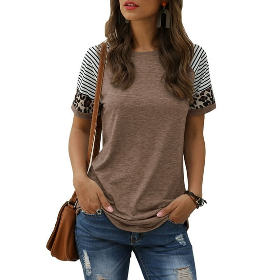 TEMOFON Women's Short Sleeve Tops Leopard Color Block T Shirt Casual Tunic Crew Neck Striped Shirts Khaki Tees