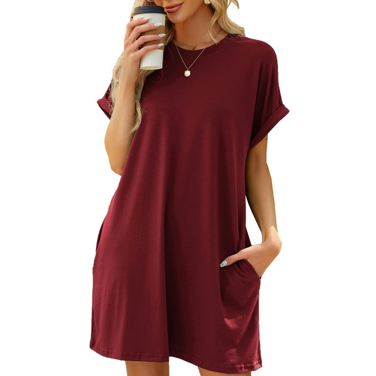TEMOFON Women s Summer Casual T Shirt Dresses Short Sleeve Tunic Swing Dress Pockets Loose Fit Sundress Solid Color Winered Plus Size XXL Walmart
