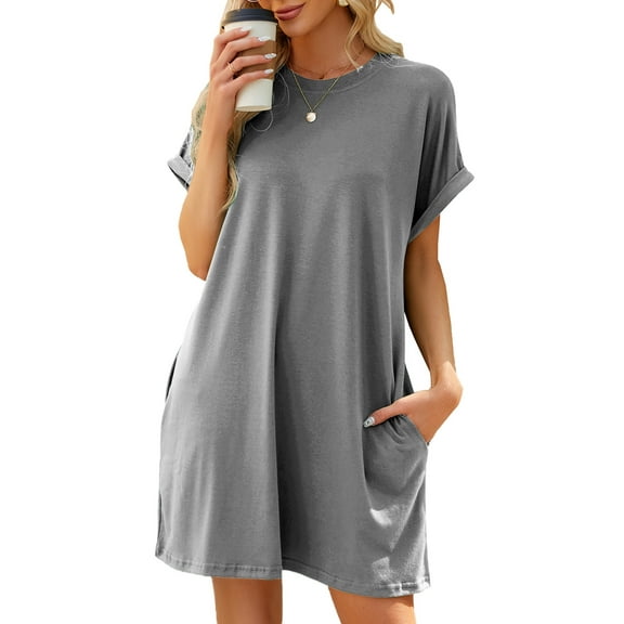 TEMOFON Women’s Summer Short Sleeve T-Shirt Dress Casual Loose Slit Beach Mini Dress Tunic Tops Womens Clothes Solid Color Lightgray Size L