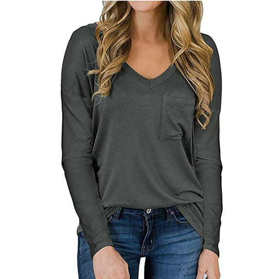 TEMOFON Women's Top Long Sleeve V-Neck Shirts Loose Tops for Women Casual Fall Cute T Shirt Blouse with Pocket Grey Tee