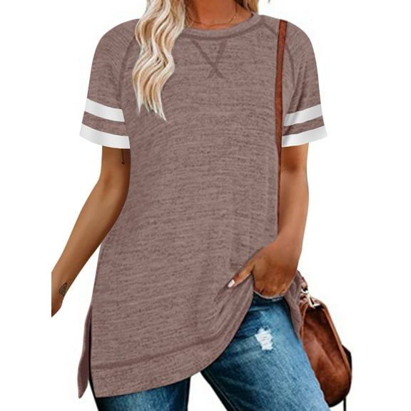 TEMOFON Women's Top Short Sleeve Color Block Fashion Summer Striped Shirts for Women Loose Cozy Blouse Tunic Tshirts Coffee Tees