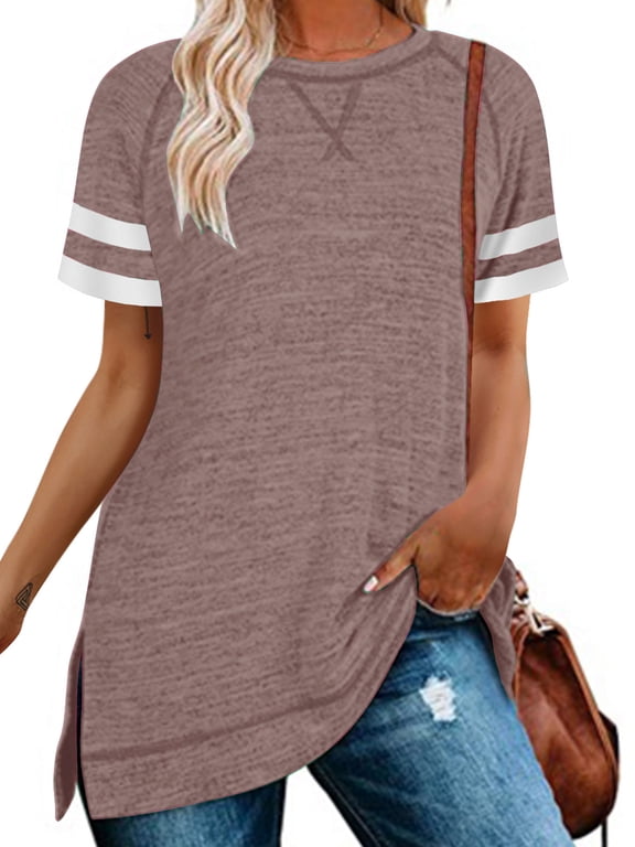 Women's Top Short Sleeve Color Block Fashion Summer Striped Shirts for Women Loose Cozy Blouse Tunic Tshirts Coffee Tees