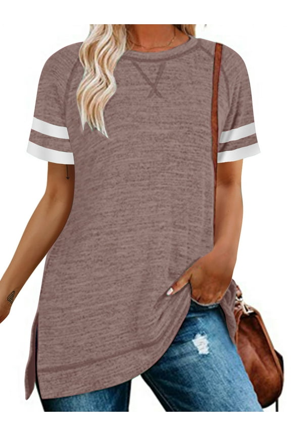 Women's Top Short Sleeve Color Block Fashion Summer Striped Shirts for Women Loose Cozy Blouse Tunic Tshirts Coffee Tees
