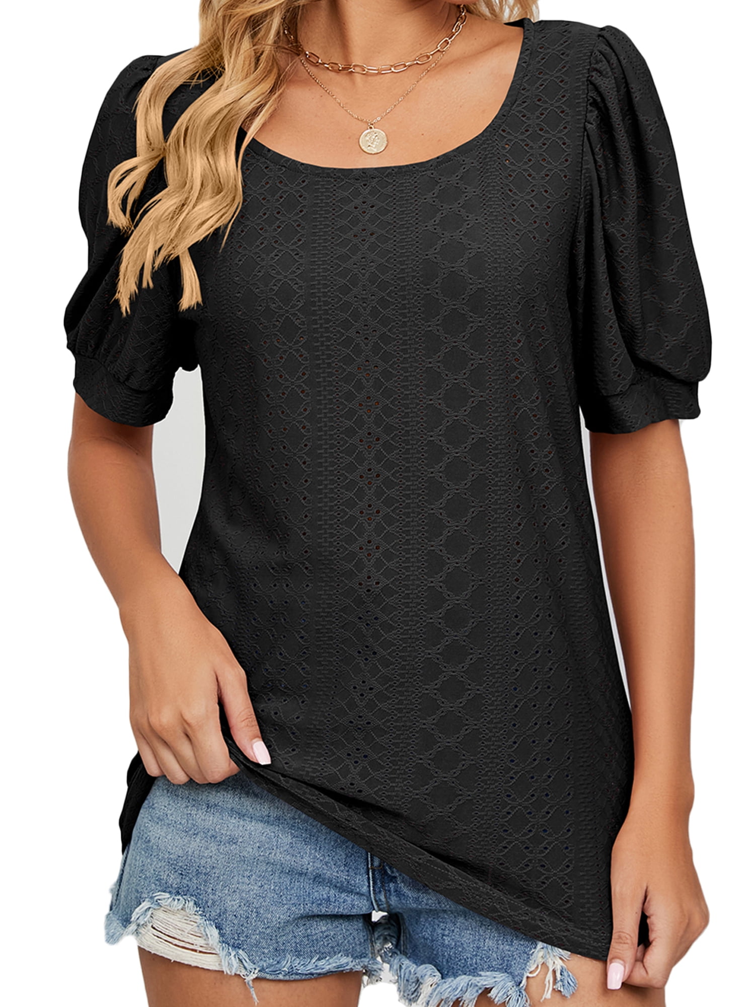 TEMOFON Women Summer Tops Casual Puff Short Sleeve T Shirts Comfy Scoop ...