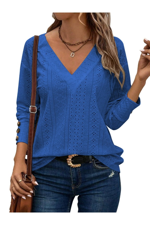 Women's Eyelet Tops Dressy Casual V Neck Long Sleeve Buttons Casual Lightweight Loose Fit Darkblue Blouse