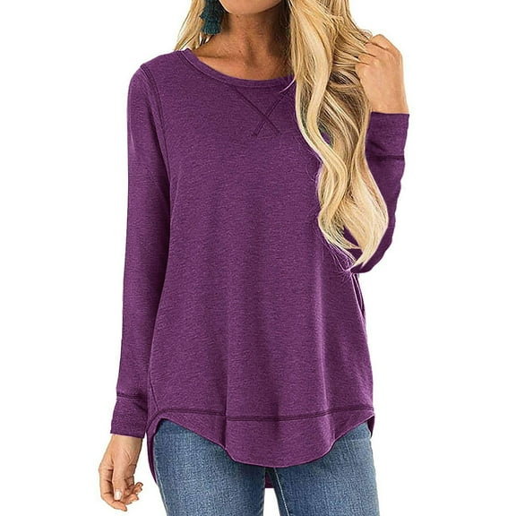 TEMOFON Women's Tops Long Sleeve Crewneck Tunic Top Casual Loose Fit Soft Blouse T-Shirts Purple Spring Fashion Tee