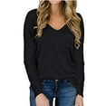 thumbnail image 1 of TEMOFON Women's Tops Long Sleeve V-Neck Shirts Loose Casual Tee Cute T-Shirt with Pocket Fall Winter Flowy Tunic Tee Black, 1 of 5