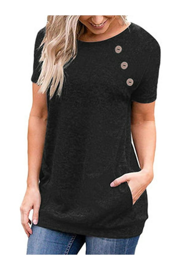 Women's Tops Short Sleeve Blouse Summer Casual T Shirts Loose Fit Tunic Top with Side Button Black Tees