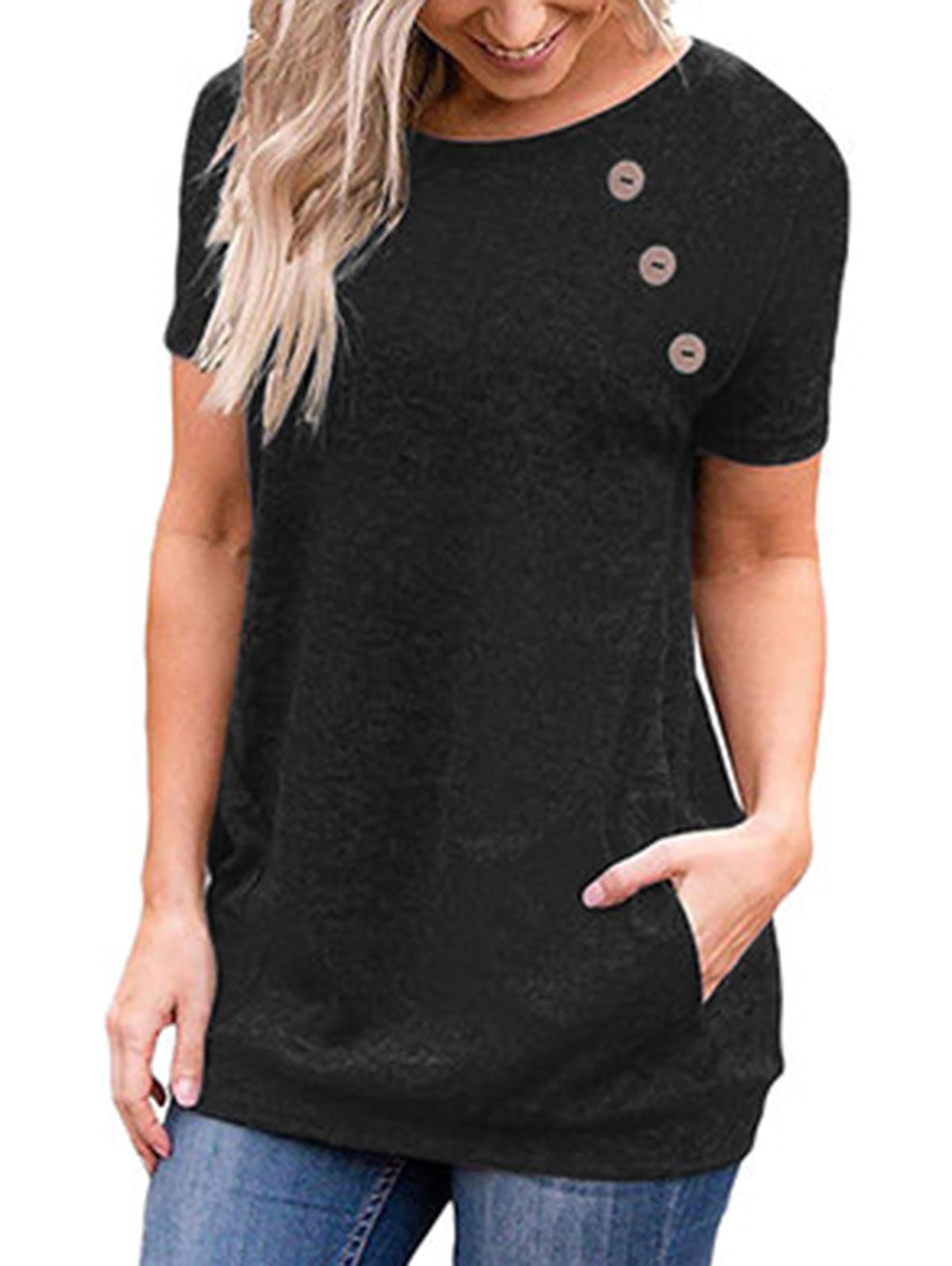 TEMOFON Women's Tops Short Sleeve T Shirts Blouse Casual Tunic Top Button Black Tees Summer Tops for Women with Side Pockets