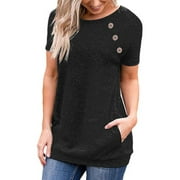 TEMOFON Women's Tops Short Sleeve T Shirts Blouse Casual Tunic Top Button Black Tees Summer Tops for Women with Side Pockets
