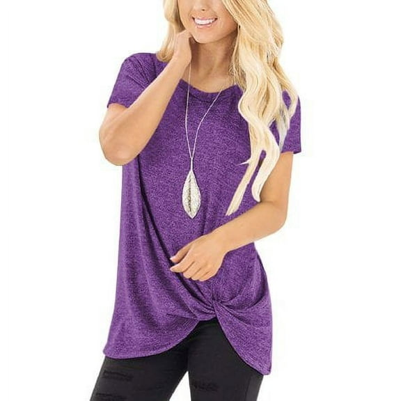 TEMOFON Women's Tops Short Sleeve Twist Knotted T Shirts Summer Holiday Fashion Purple Blouse Round Neck Loose Tunic Tops Size XL