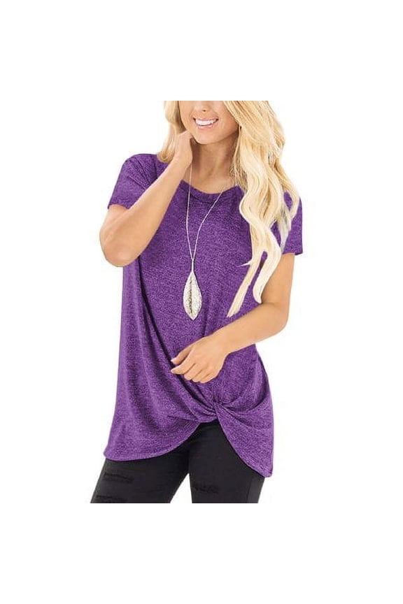 TEMOFON Women's Tops Short Sleeve Twist Knotted T Shirts Summer Holiday Fashion Purple Blouse Round Neck Loose Tunic Tops Size XL