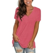 TEMOFON Women's Tshirts Casual V Neck Short Sleeve Tops Fashion Loose Summer Basic Tunic Tops Pink Cute Tees XXL Size