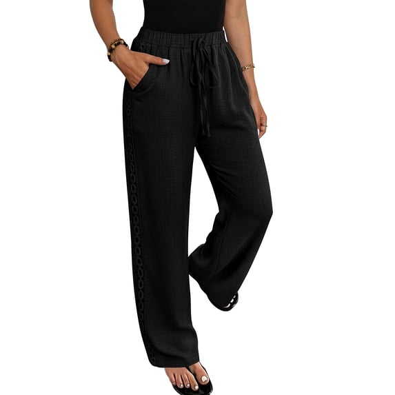 TEMOFON Women's Wide Leg Linen Pants High Waisted Drawstring Lounge Pants with Pockets Casual Summer Beach Vacation Palazzo Trousers