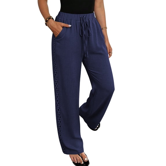 TEMOFON Women's Wide Leg Linen Pants High Waisted Drawstring Lounge Pants with Pockets Casual Summer Beach Vacation Palazzo Trousers
