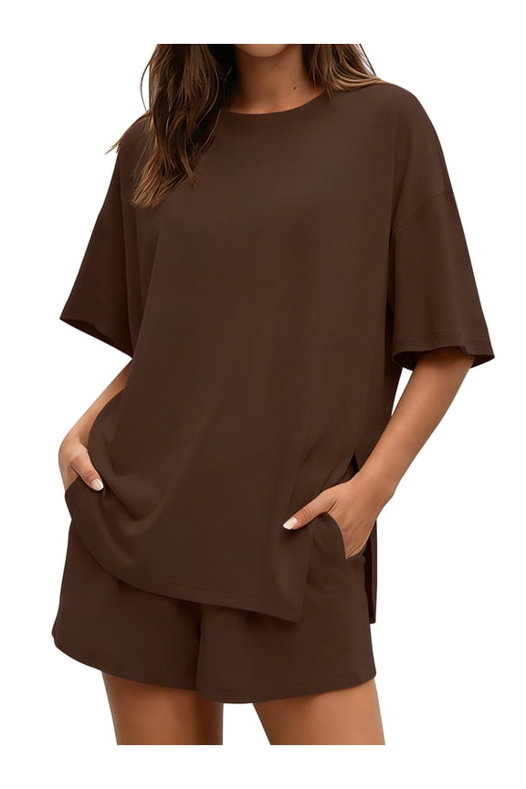 Womens 2 Piece Sets Summer Lounge Sets for Womens Oversized TShirts Drawstring Shorts Comfy Sets with Pockets L